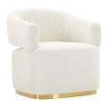 Glamour čalúnené kreslo Juteg v bielej farbe s eko koženým poťahom a zlatou podstavou s oblými rohmi z kovu