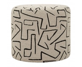 Modern&aacute; okr&uacute;hla čal&uacute;nen&aacute; taburetka Terezja s textiln&yacute;m b&eacute;žovo hned&yacute;m poťahom s čiernym geometrick&yacute;m vzorom 44 cm