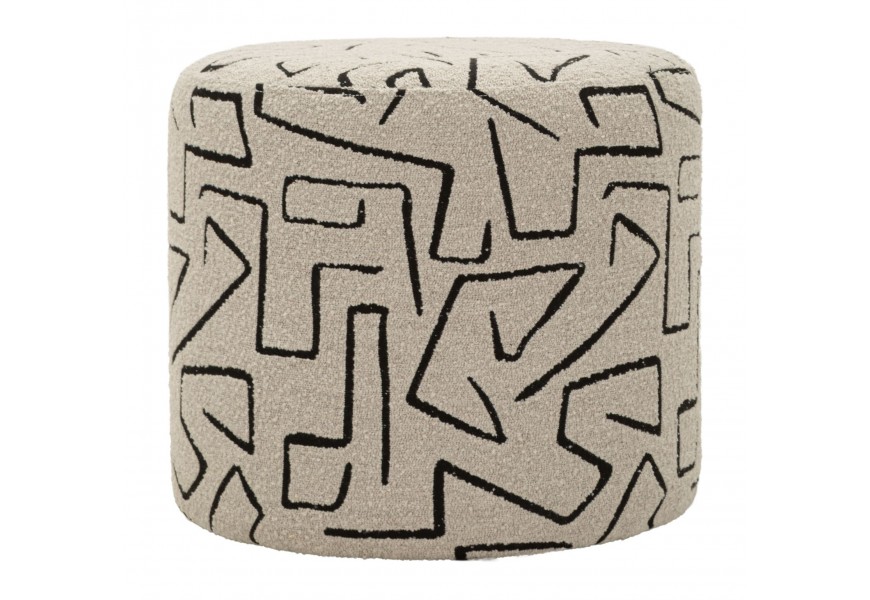 Dizajnová čalúnená taburetka Terezja v okrúhlom tvare v béžovej hnedej farbe s textilným poťahom s čiernym vzorom v geometrickom tvare