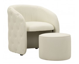 Art deco kožen&eacute; klubov&eacute; kreslo s podnožkou Zilla s bielym poťahom z ekokože s pre&scaron;&iacute;van&iacute;m v okr&uacute;hlymi gomb&iacute;kmi v chesterfield &scaron;t&yacute;le s okr&uacute;hlou hladkou zas&uacute;vateľnou taburetkou v rovnakom preveden&iacute;