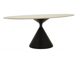 Modern&yacute; dizajnov&yacute; jed&aacute;lensk&yacute; st&ocirc;l Ferrera s ov&aacute;lnou vrchnou doskou s dizajnom b&eacute;žov&eacute;ho travert&iacute;nu na jednej čiernej kovovej nohe v tvare pres&yacute;pac&iacute;ch hod&iacute;n