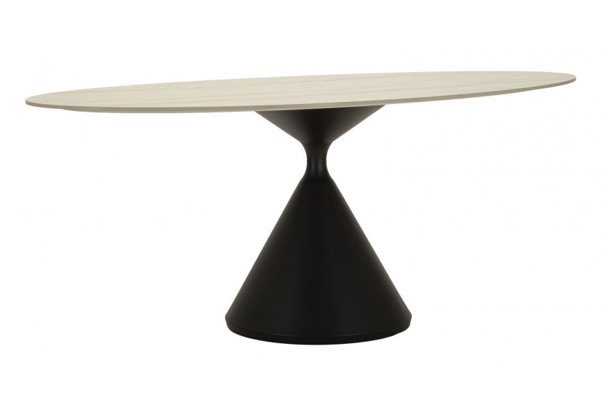 Moderný dizajnový jedálenský stôl Ferrera s oválnou vrchnou doskou s dizajnom béžového travertínu na jednej čiernej kovovej nohe v tvare presýpacích hodín