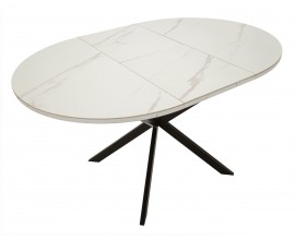 Modern&yacute; mramorov&yacute; okr&uacute;hly rozkladac&iacute; jed&aacute;lensk&yacute; st&ocirc;l Tarro s bielou doskou so sivou kresbou a čiernou podstavou 100-140 cm