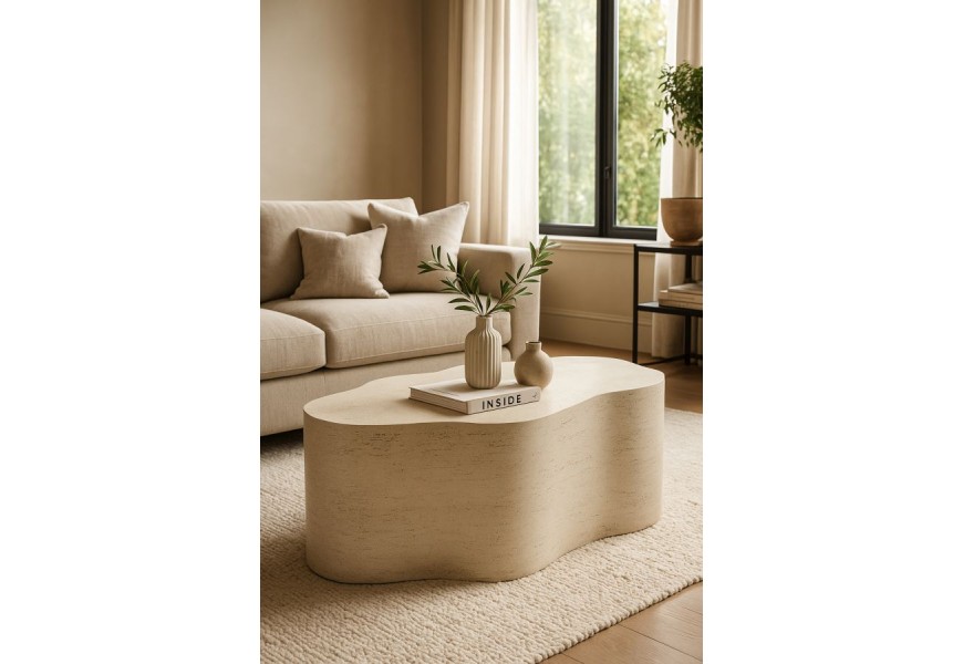 Dizajnový kamenný sivý asymetrický konferenčný stolík Nuvo oválneho tvaru s piatimi zaoblenými výbežkami z magnézia s pórovitou štruktúrou