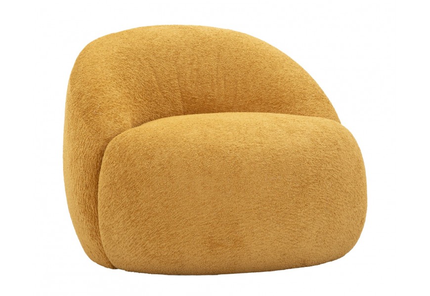 Moderné dizajnové žlté kreslo Berry bez nožičiek a bočných opierok s poťahom z mikrovlákna s plyšovým finišom s výrazne zaoblenou chrbtovou opierkou