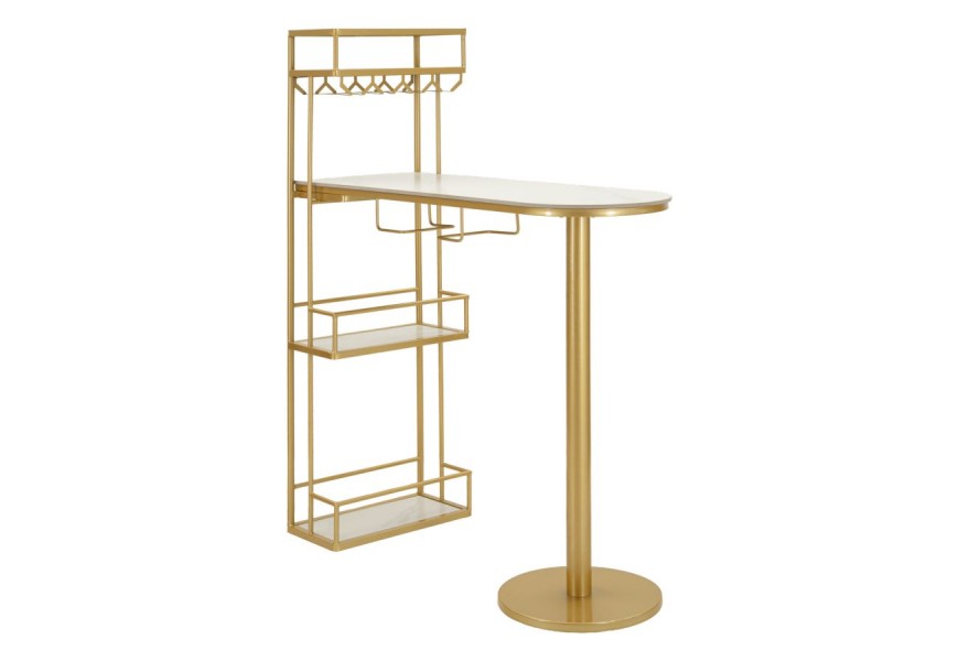 Dizajnový zlatý barový pult Bressanine s oválnou vrchnou doskou z bieleho mramoru s kovovou konštrukciou s úložným priestorom s nástennými policami na fľaše s držiakmi na poháre s jednou nohou