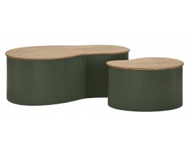 Modern&yacute; asymetrick&yacute; set konferenčn&yacute;ch stol&iacute;kov Hirea so zelenou kovovou vr&uacute;bkovanou podstavou a drevenou hnedou doskou 87 cm