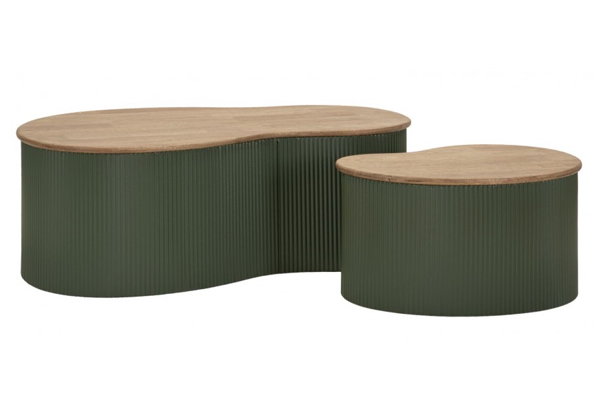 Modern&yacute; asymetrick&yacute; set konferenčn&yacute;ch stol&iacute;kov Hirea so zelenou kovovou vr&uacute;bkovanou podstavou a drevenou hnedou doskou 87 cm