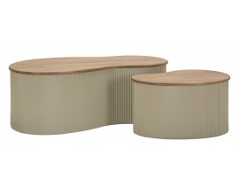 Moderný asymetrický set dvoch konferenčných stolíkov Hirea s béžovou vrúbkovanou podstavou a hnedou doskou 87 cm