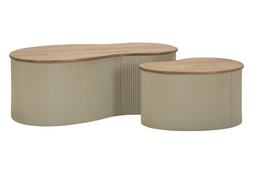 Dizajnová sada konferenčných stolíkov Hirea s vrúbkovanou podstavou z kovu v béžovej farbe v asymetrickom tvare s drevenou doskou v hnedej farbe