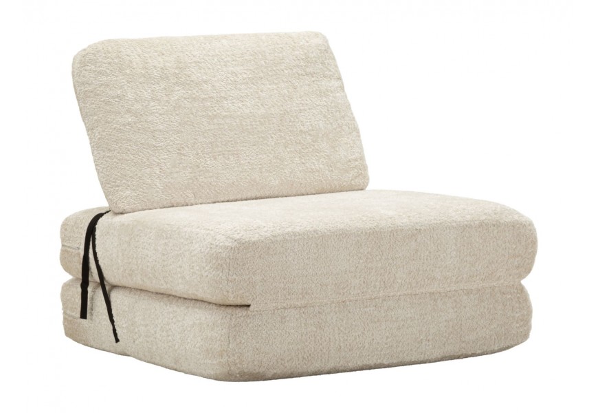 Dizajnové čalúnené kreslo Raffai s rozkladacou funkciou s textilným bielo krémovým poťahom a obdĺžnikovým operadlom