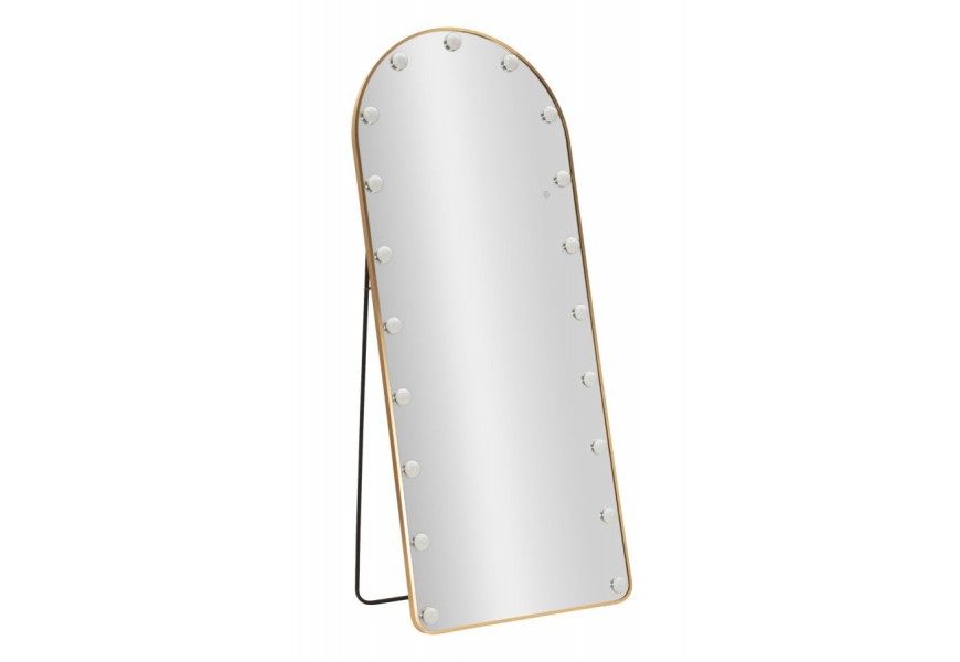 Glamour obdĺžnikové polohovateľné šatníkové zrkadlo Hillie s dotykovým displejom a svietidlami s tenkým rámom v zlatej farbe z kovu