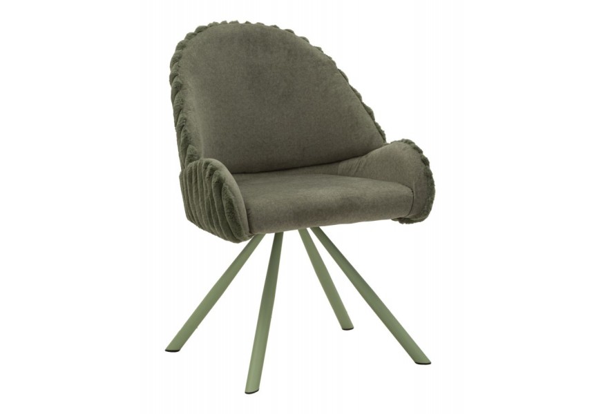 Dizajnová čalúnená jedálenská stolička Falir v zelenej farbe s plyšovým poťahom so zaoblenými opierkami a vrúbkovaným prešívaním s kovovými vyosenými nožičkami