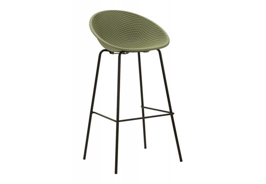 Moderná zelená barová stolička Isola s nízkou chrbtovou opierkou a sedadlom s okrúhlym dizajnom s pravidelným perforovaním na štyroch nohách v čiernej farbe s opierkou na nohy