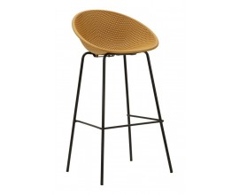 Moderná žltá barová stolička Isola s kompaktnou okrúhlou sedacou časťou s perforovaným dizajnom a čiernymi nohami 98 cm