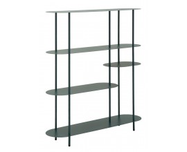 Moderný regál Satre z kovu v tmavom tyrkysovom prevedení so štyrmi oválnymi policami s asymetrickým dizajnom 139 cm