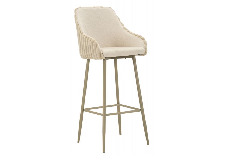 Dizajnová moderná krémový barová stolička s plyšovým poťahom s dizajnom kožušiny s vertikálnymi prešívanými pásmi na vonkajšej strane opierky so štíhlymi nohami z kovu v svetlej hnedej farbe