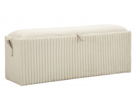 Modern&aacute; art deco lavica Minna s bielym kožu&scaron;inov&yacute;m poťahom s kr&eacute;mov&yacute;m n&aacute;dychom z mikrovl&aacute;kna s odn&iacute;mateľn&yacute;m vekom a &uacute;ložn&yacute;m priestorom vo vn&uacute;tri s vertik&aacute;lnym pre&scaron;&iacute;van&iacute;m po obvode s rebrovan&yacute;m dizajnom