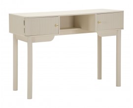 Dizajnový art deco toaletný stolík Shelly v béžovej farbe s rebrovaným zdobením s dvomi dvierkami a policou 110 cm