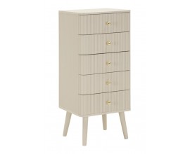 Art deco vysoká béžová komoda Shelly s piatimi zásuvkami so zlatými úchytkami a rebrovaným reliéfnym zdobením 89 cm