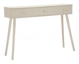 Dizajnový art deco konzolový stolík Shelly s tromi zásuvkami so zlatými úchytkami a rebrovaným zdobením béžový 103 cm