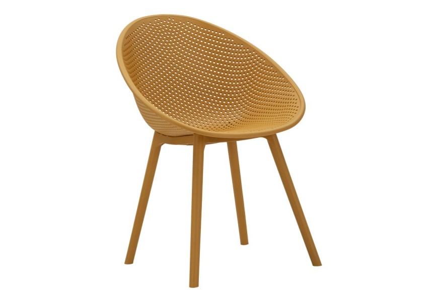 Moderná okrúhla jedálenská stolička Isola v žltej farbe s perforovanou sedacou časťou a opierkou so štyrmi šikmými nohami