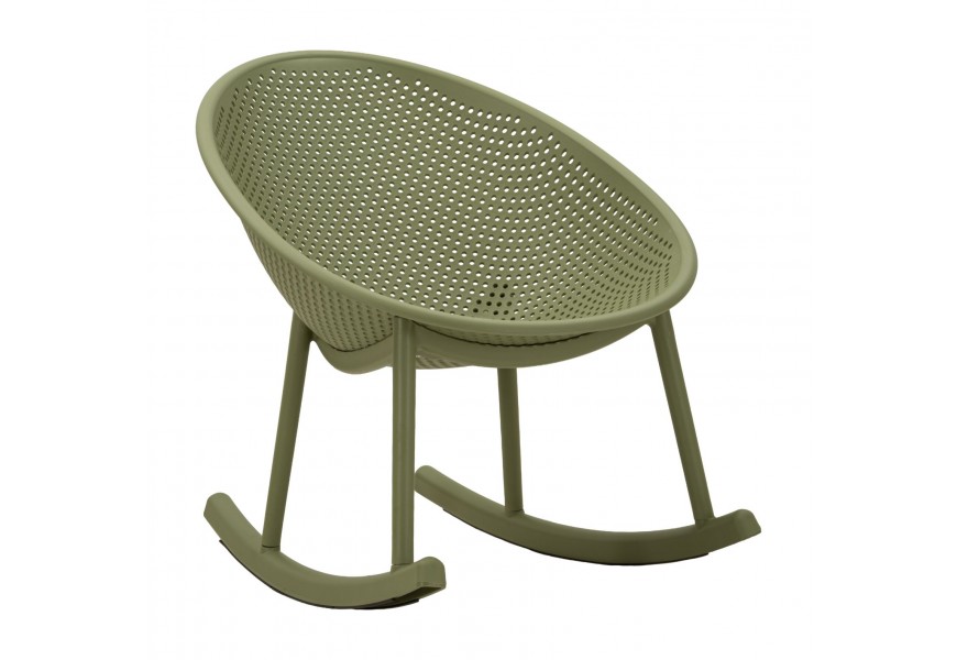 Dizajnové moderne hojdacie kreslo Isola v sýtej svetlej zelenej farbe s okrúhlou sedacou časťou s pravidelným perforovaným zdobením so štyrmi nohami a hojdacími poloblúkmi