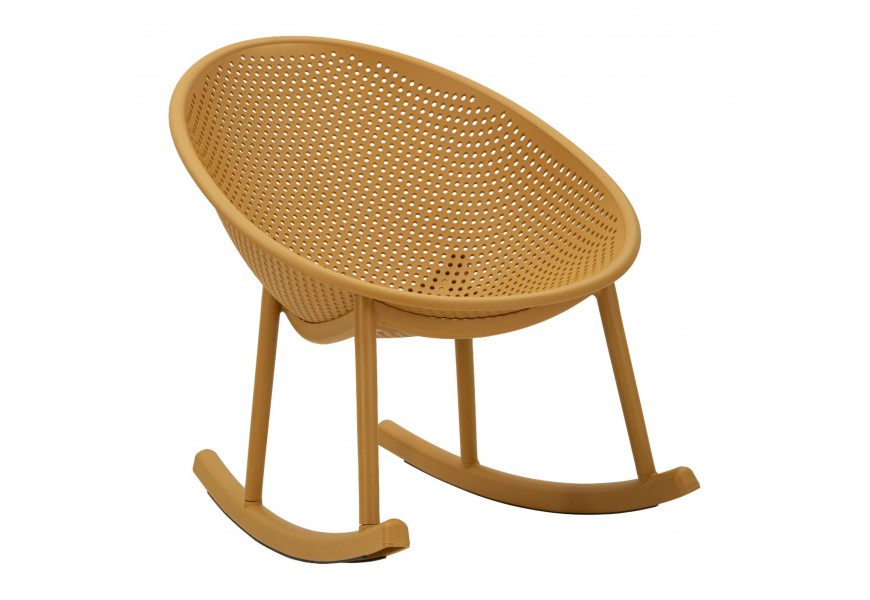 Moderné žlté okrúhle hojdacie kreslo Isola so sedadlom a opierkou v jednom celku s geometrickým perforovaným dizajnom so štyrmi nohami