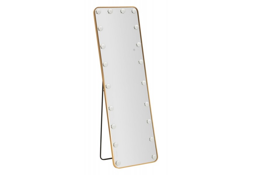 Glamour vysoké obdĺžnikové zrkadlo Hilly s čiernym stojanom a zlatým kovovým rámom so zaoblenými rohmi s LED okrúhlymi svetlami po obvode s tromi stupňami teploty osvetlenia