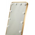 Dizajnov&eacute; glamour stojace zrkadlo Hilly s LED osvetlen&iacute;m a zlat&yacute;m obdĺžnikov&yacute;m r&aacute;mom z kovu 160 cm