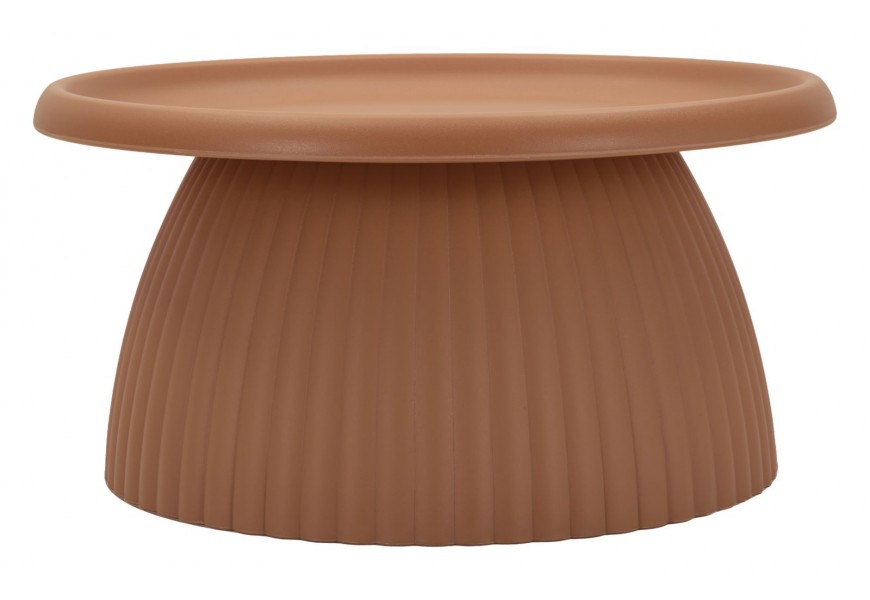 Moderný konferenčný stolík Corralejo s okrúhlou vrchnou doskou s vyvýšeným okrajom a širokou zaoblenou nohou s drážkovaným dizajnom v hnedooranžovej terakotovej farbe