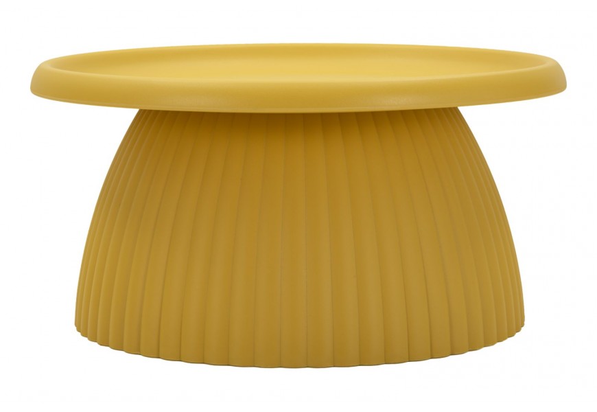 Dizajnový moderný okrúhly konferenčný stolík Corralejo v žltej farbe s vrchnou doskou so zaoblenými vyvýšenými okrajmi a mohutnou nohou s vertikálnym drážkovaným reliéfom