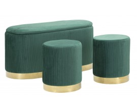 Dizajnová art deco sada Ponzi z dvoch taburetiek a oválnej lavice s úložným priestorom so zeleným čalúnením 80 cm