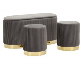 Dizajnová art deco sada taburetiek a lavice Ponzi so sivým zamatovým poťahom a zlatou podstavou s úložným priestorom 80 cm