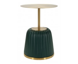 Art deco zlat&yacute; okr&uacute;hly pr&iacute;ručn&yacute; stol&iacute;k Giselle s podstavou s tmav&yacute;m zelen&yacute;m kožen&yacute;m poťahom so skladan&yacute;m dizajnom 40 cm