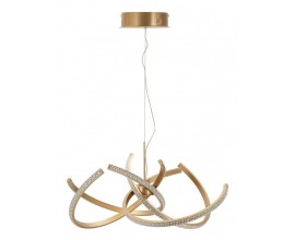 Dizajnov&yacute; art deco okr&uacute;hly luster Elestra s kovovou kon&scaron;trukciou s LED osvetlen&iacute;m so &scaron;tyrmi symetricky prepleten&yacute;mi ramenami v tvare polobl&uacute;kov v zlatej farbe