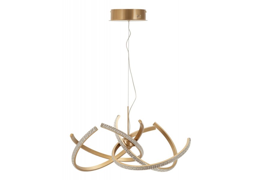 Dizajnový art deco okrúhly luster Elestra s kovovou konštrukciou s LED osvetlením so štyrmi symetricky prepletenými ramenami v tvare poloblúkov v zlatej farbe