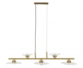 Glamour luster Padma so zlatou kovovou kon&scaron;trukciou s horizont&aacute;lnou tyčou s &uacute;chytkami na p&auml;ť žiaroviek s dizajnom kvetov s priehľadn&eacute;ho skla
