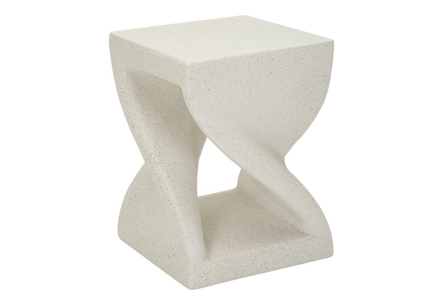 Moderný dizajnový biely príručný stolík Twist so štvorcovou vrchnou doskou a policou z horčíkového kompozitu MGO s tmavými zrnami a zatočenou siluetou