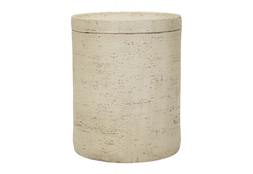 Moderný kamenný príručný stolík Cairo s okrúhlou vrchnou doskou s vyvýšeným okrajom s valcovou podstavou bez nožičiek s magnéziového kompozitu s dizajnom svetlého béžového pieskovka s pórovitou štruktúrou