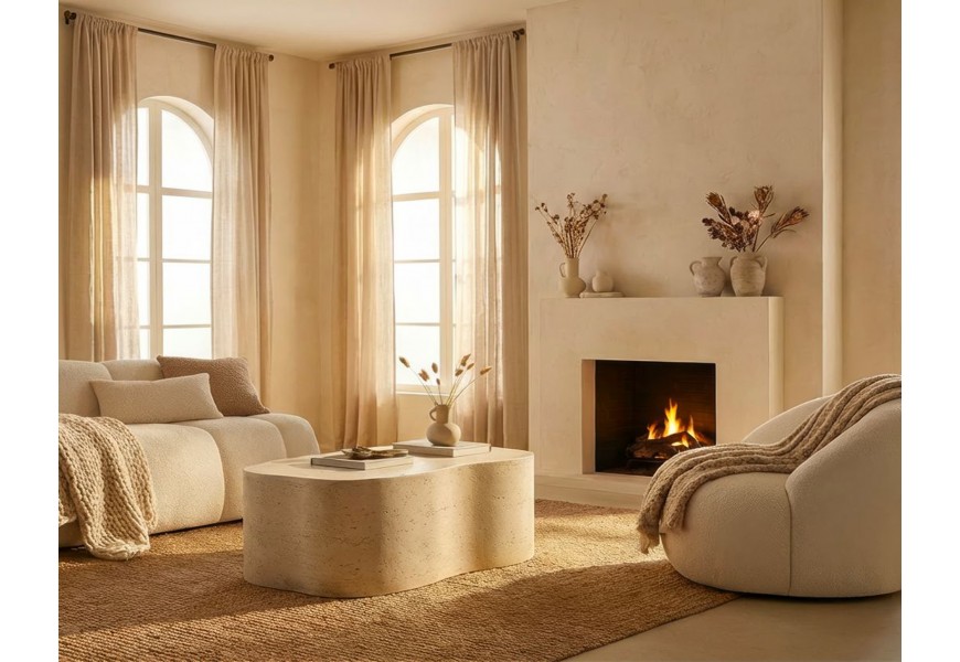 Modern&aacute; dizajnov&aacute; ob&yacute;vacia zostava Berry s bielym čal&uacute;nen&yacute;m sedac&iacute;m n&aacute;bytkom a kameninov&yacute;mi stol&iacute;kmi