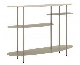 Moderný kovový konzolový stolík Satre v béžovej farbe s oválnou vrchnou doskou a tromi asymetricky umiestnenými policami 118 cm