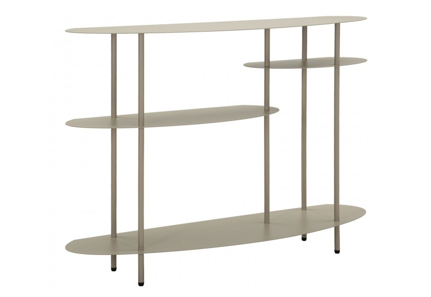 Moderný dizajnový béžový konzolový stolík Satre s tromi policami s rôznymi veľkosťami a oválnou vrchnou doskou so zarovnanou zadnou stranou na nožičkách