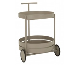 Moderný okrúhly kovový béžový servírovací vozík Satre na kolieskach s tenkou dlhou úchytkou a poličkou 61 cm