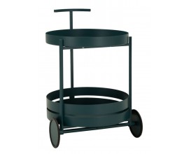 Moderný okrúhly kovový modrý servírovací vozík Satre s policou na dvoch kolieskach 61 cm