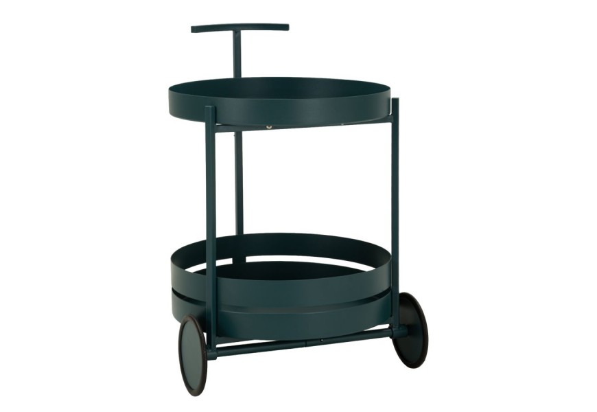 Dizajnový servírovací vozík Satre v okrúhlom tvare v modrej farbe z kovu s policou s vyvýšeným okrajom na dvoch kolieskach s vysokou úzkou úchytkou