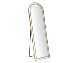 Dizajnové glamour stojace zrkadlo Leanor so zlatým rámom s oblúkovou vrchnou časťou a LED osvetlením 160 cm