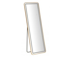 Moderné glamour stojace zrkadlo Leanor s obdĺžnikovým zlatým kovovým rámom a LED osvetlením 160 cm