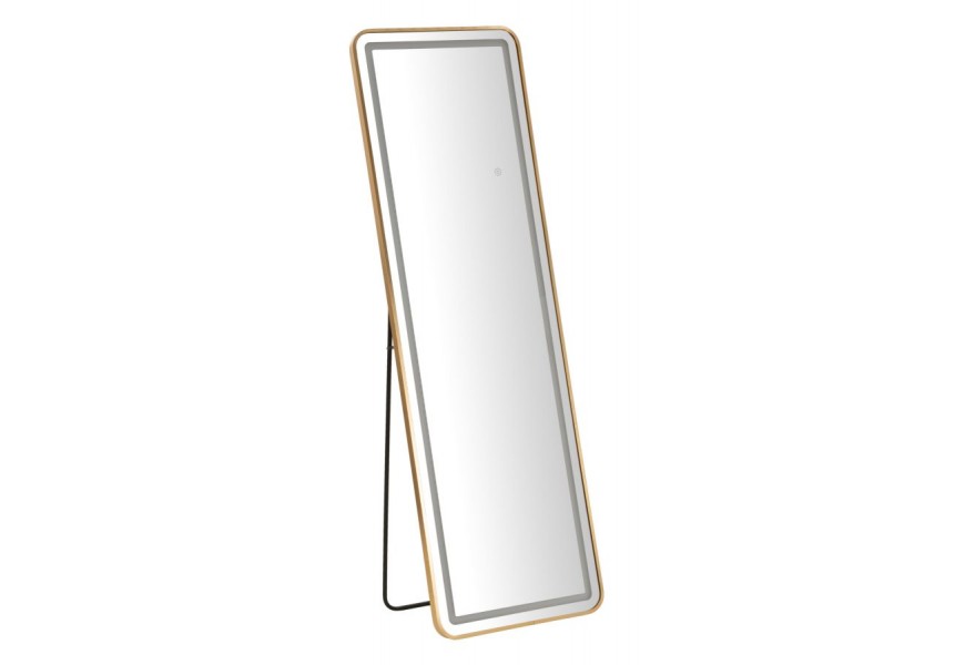 Dizajnové art deco obdĺžnikové zrkadlo Leanor s rámom so zaoblenými rohmi z kovu v zlatej farbe s čiernym stojanom a LED pásom s tromi teplotami osvetlenia