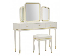 Klasick&yacute; obdĺžnikov&yacute; toaletn&yacute; stol&iacute;k Isabelle s taburetkou v bielej farbe s kovov&yacute;mi detailmi a tromi zrkadlami 135 cm 